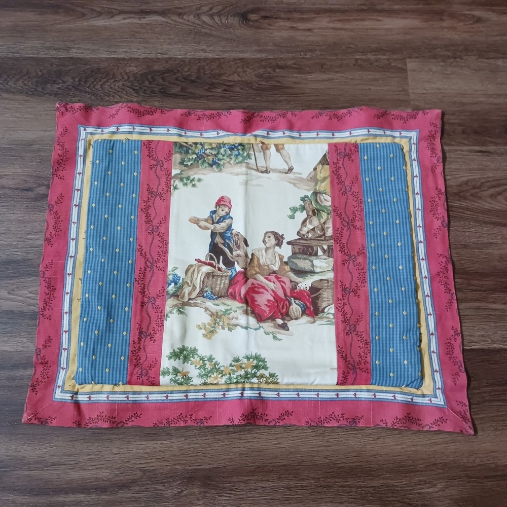 Vintage French Country Toile Floral Stripe Square Pillow Cover Red Blue Yellow
